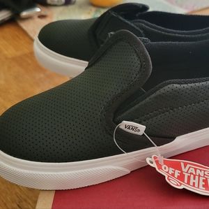 Black Vans Leather slip ons.  Brand new children's shoes.